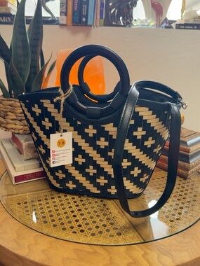 NWT Yellow Box Okinawa Woven Bamboo Basket Handbag Crossbody Black Tan